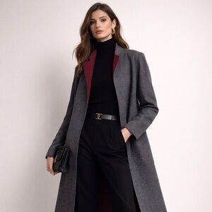 Women's Wool Blend Gray & Burgundy Overcoat Collared Long Pockets Classic Size M